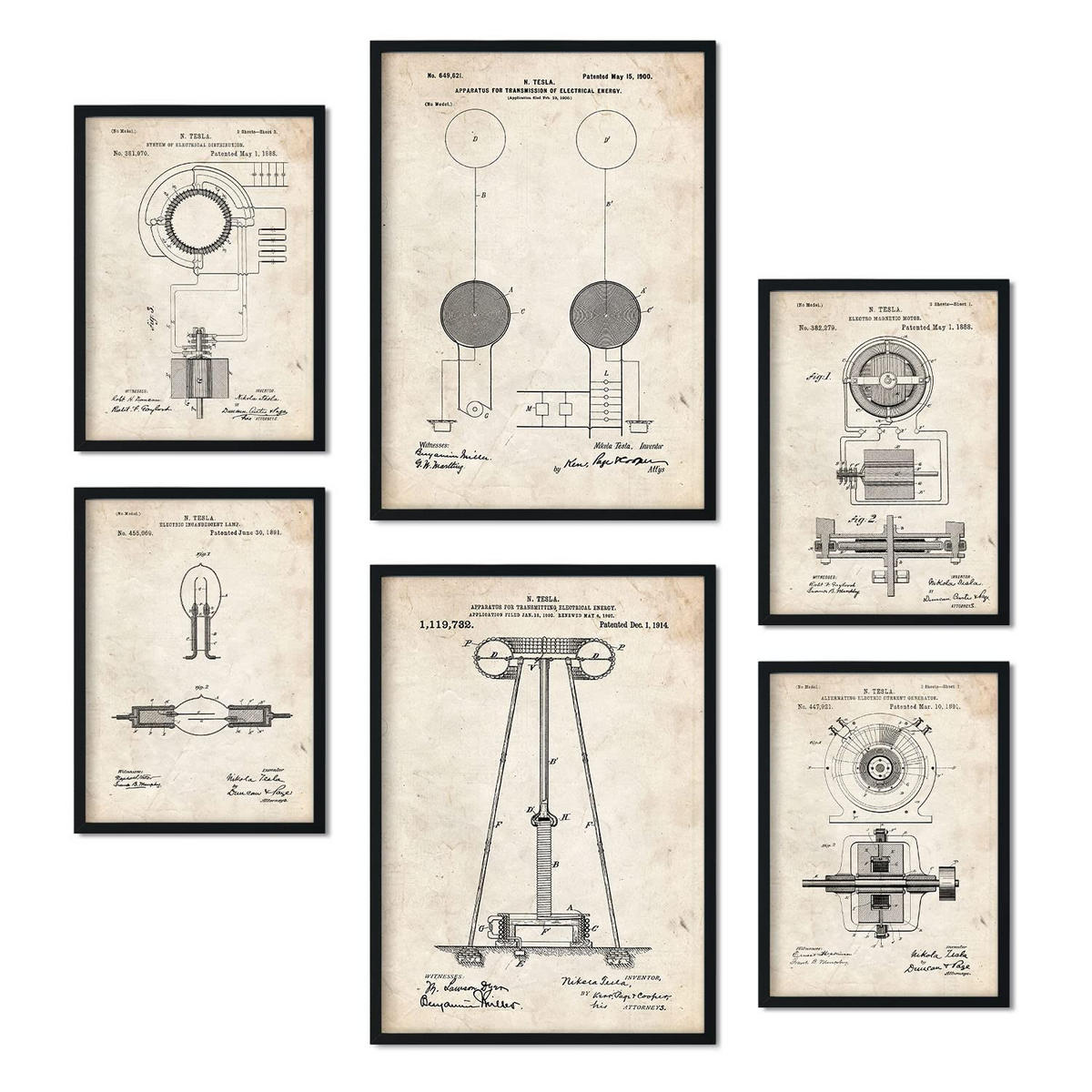 POSTER Set Mit 6 Plakaten Mit Strom 1 Patenten Im Vintage Stil A3 & A4 Schwarzer Rahmen - Schwarz, Papier (29/3cm) - Nacnic