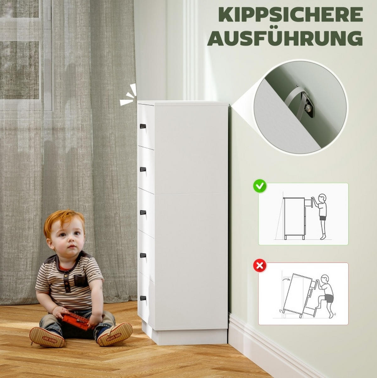 KOMMODE aus Holzwerkstoff 47x29x95 cm Weiß mit 5 Schubladen und Anti-Kipp-Schutz, modernes Design - Weiß, Holzwerkstoff (47/95/29cm) - Modfu