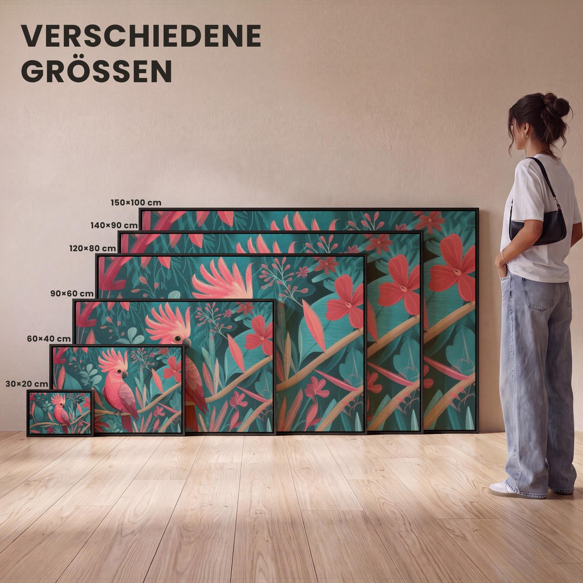 LEINWAND Bilder mit Rahmen - Kakadu - Tropische Blätter - Zweig - 90x60 - Petrol, Textil (90/60cm) - MuchoWow