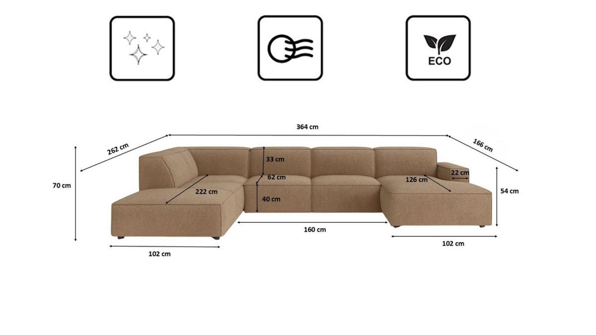 ECKSOFA Cursal V, Stoff Artico, Beige, Links - Beige, Holz (364/262cm) - Kaiser Möbel
