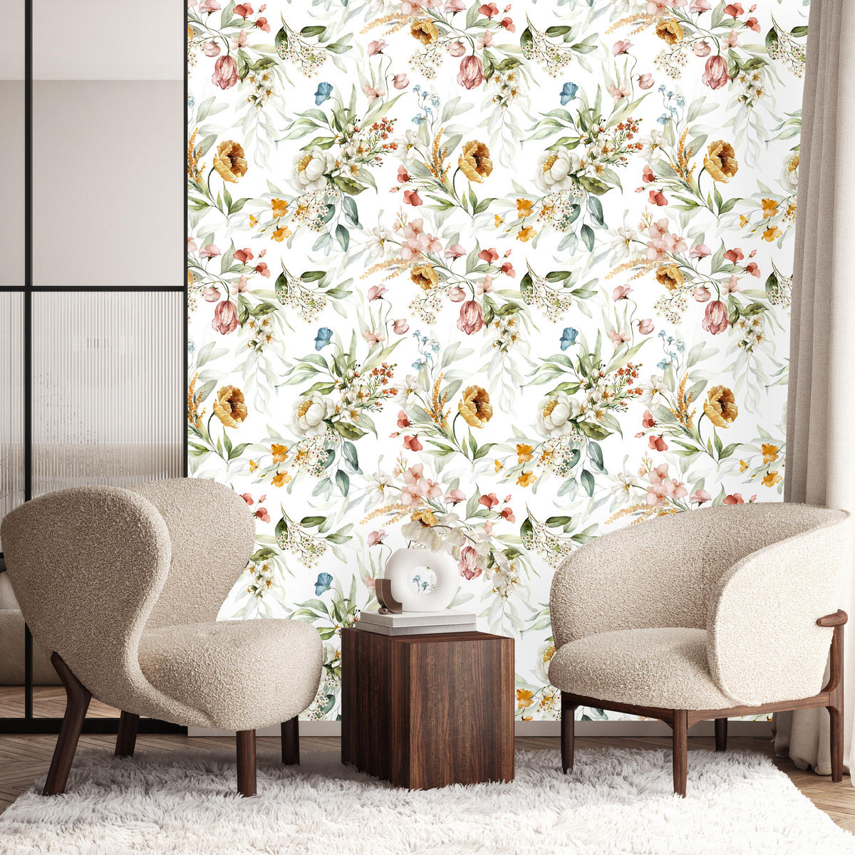 VLIESTAPETE Aquarell-Wiesenblumen – Bunt, Weiß – 50x1000 cm - Multicolor/Weiß, Papier (50/1000cm) - Muralo