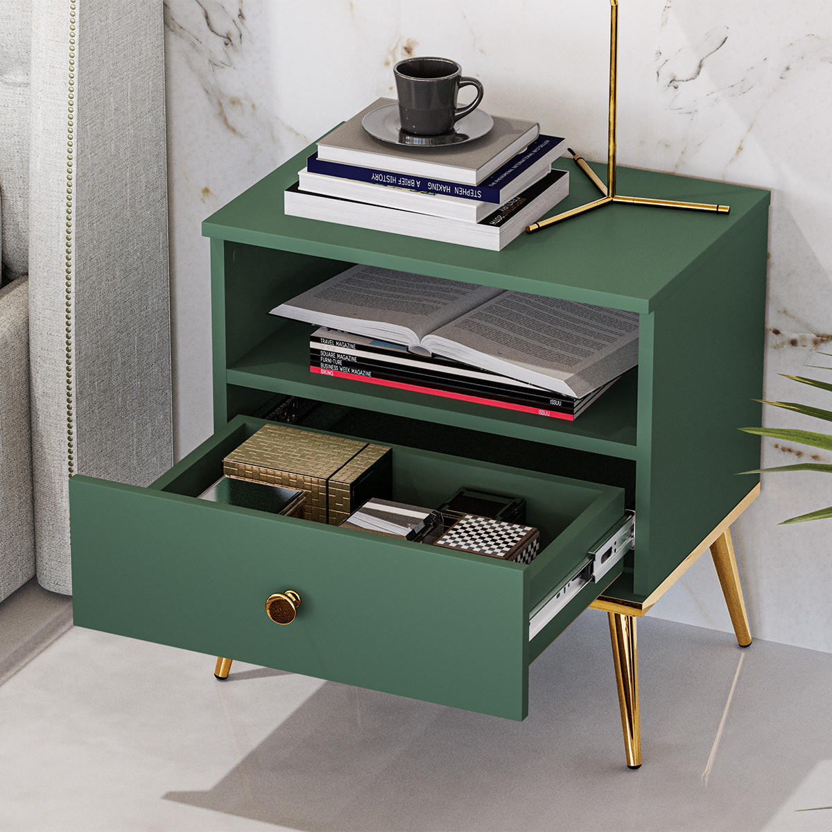 NOČNÍ STOLEK Thalia Zelená - zelená barva, kompozitní dřevo (50/53/34cm) - Petits-meubles