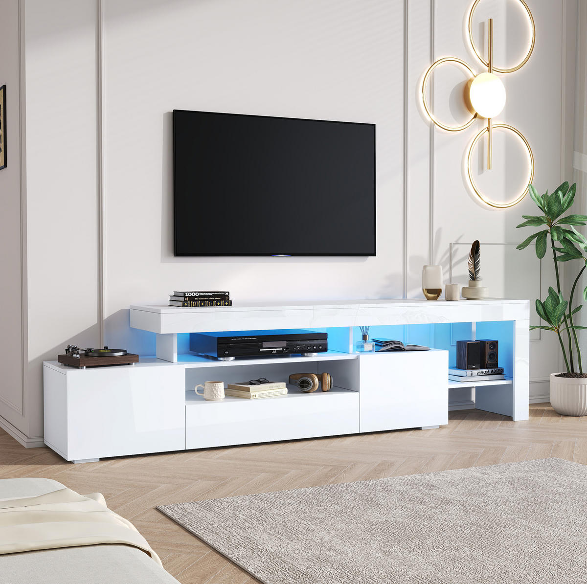 TV-LOWBOARD aus Spanplatte 192x37x53 cm Weiß mit LED-Beleuchtung, Hochglanzfront und 3 Klapptüren - Weiß, Holzwerkstoff (192/53/37cm) - Modfu