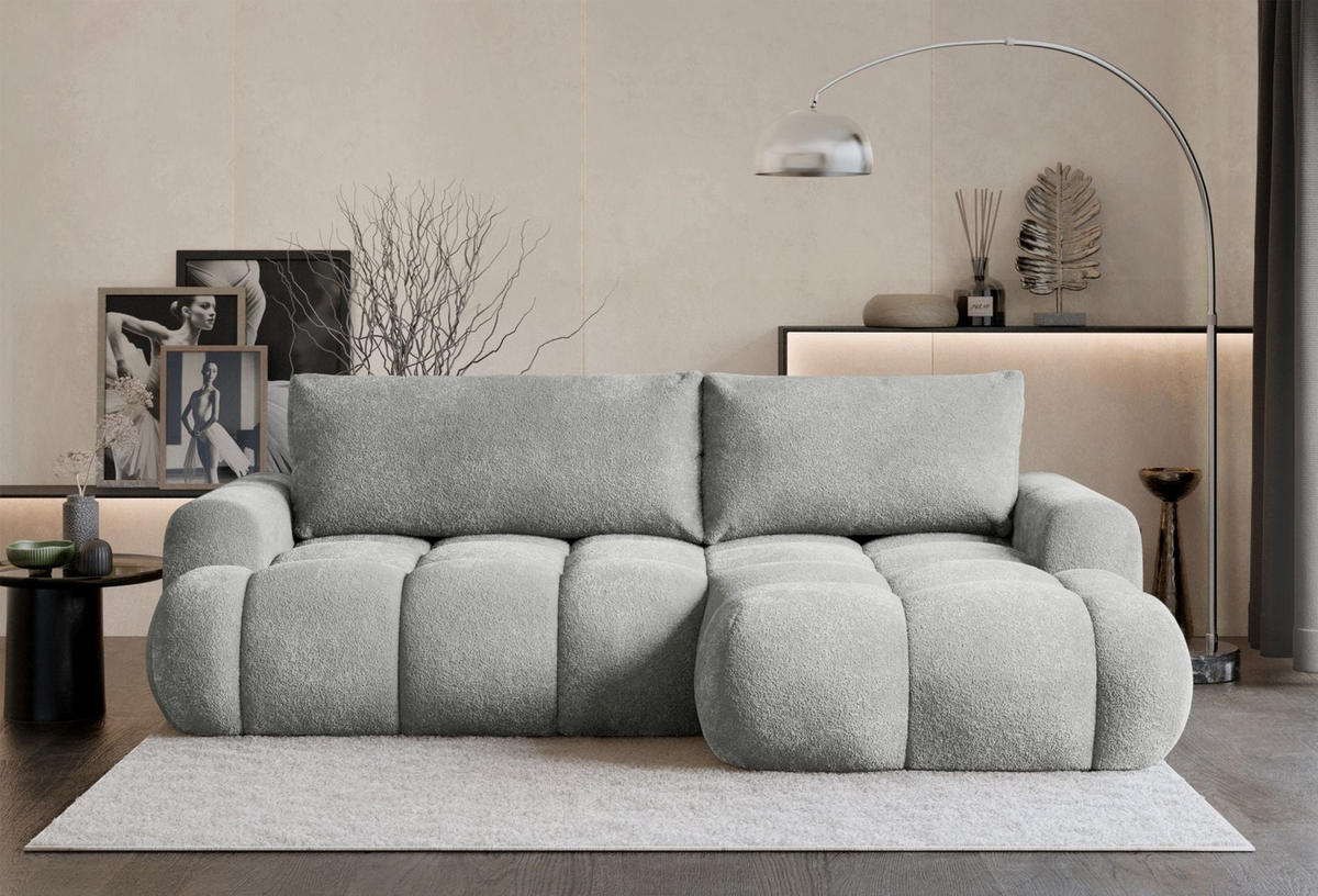 ECKSOFA Ombo Mini, Hellgrau Bouclé, rechtsseitig - Hellgrau/Schwarz, Kunststoff/Textil (155/246cm) - Selsey
