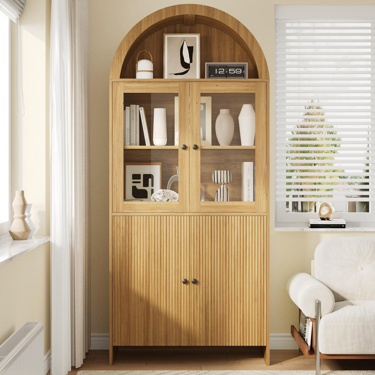 VITRINA od iverala 78x40x176 cm prirodna boja sa staklenim vratima, zatvorenim spremištem i valovitim frontama - prirodne boje, drvni materijal (78/176/40cm) - Modfu