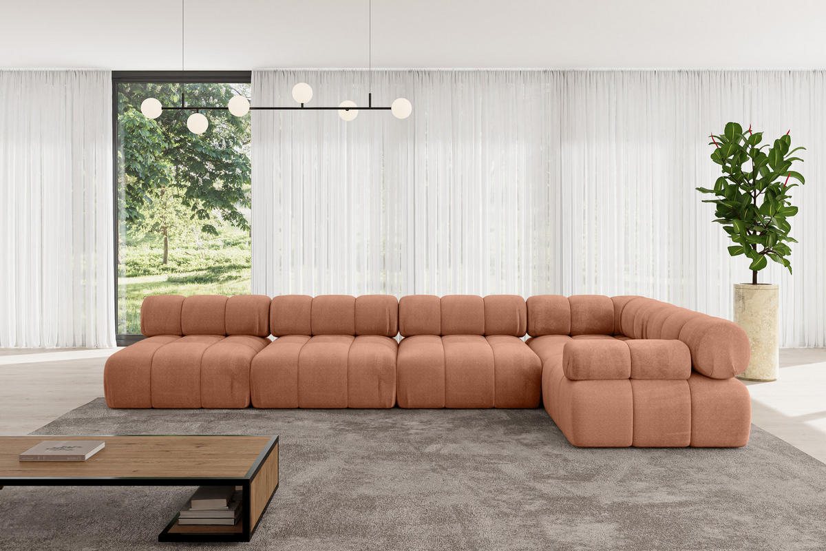ECKSOFA modulares Sofa Mende-L3 - 380x190x70 cm Apricot Velours - Koralle, Holzwerkstoff/Textil (380/190cm) - ALTDECOR