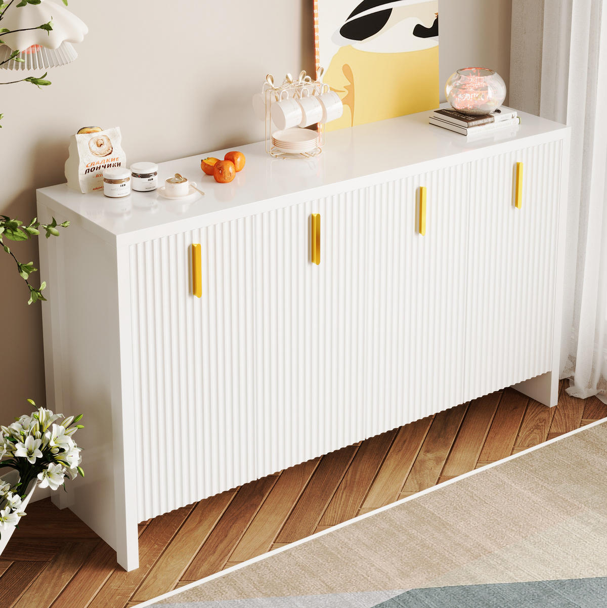 SIDEBOARD in Weiß mit verstellbaren Einlegeböden und goldenen Griffen, 140/38/80 cm, Weiß - Weiß, Holzwerkstoff (140/38/80cm) - Redom