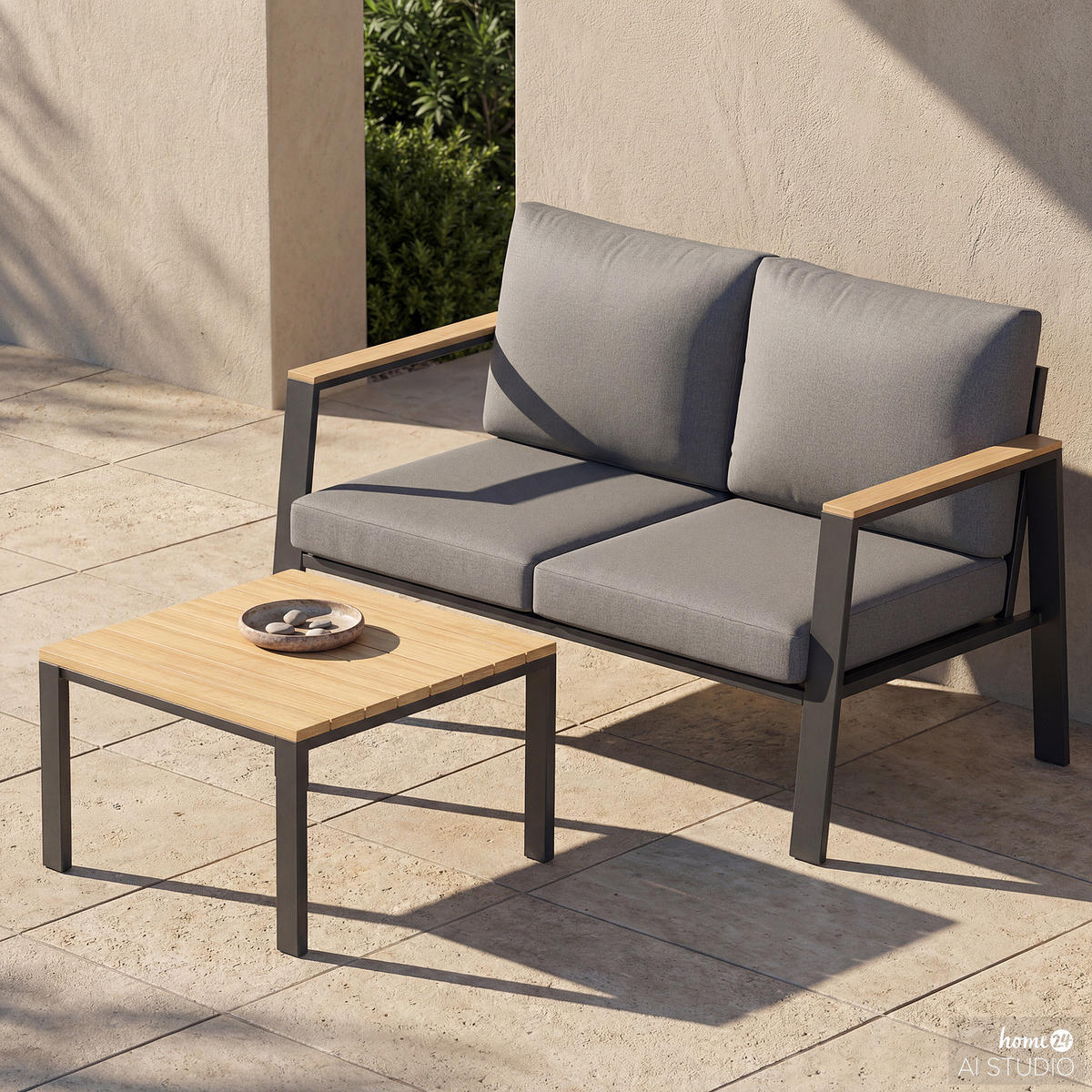 LOUNGESET - Eukalyptus massiv / Polyester - Braun / Anthrazit - 2-teilig - Braun/Grau, Holz/Textil - home24