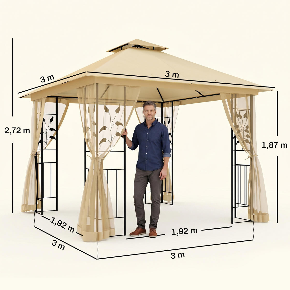 PAVILLON, Beige + Schwarz, Stahl, 180g/m² Polyester - Beige, Metall (300/272/300cm) - Outsunny
