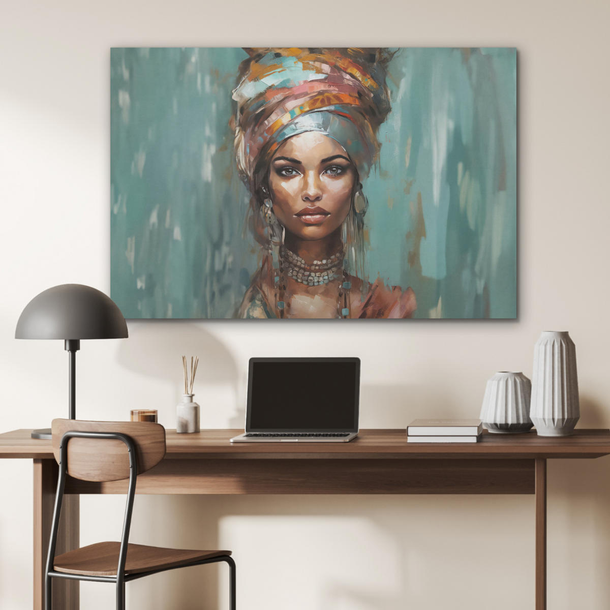AKUSTIKBILD Frau - Kunst - Schmuck - Porträt Akustikpaneele 90x60 cm - Blaugrau, Kunststoff (90/60/0.9cm) - MuchoWow