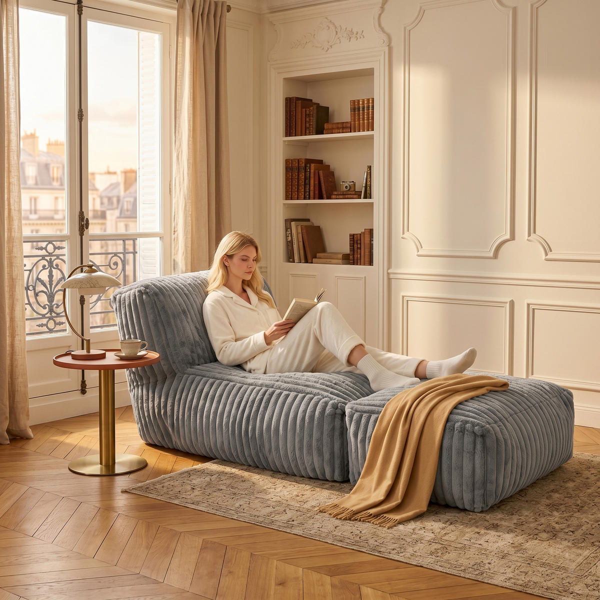 FÅTÖLJ MED PALL i manchester modulär och ergonomiskt stoppad - Ljusgrå, Textil (160/66/80cm) - Urban Meuble