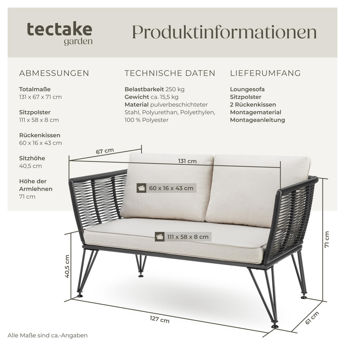 GARTEN-LOUNGESOFA Sundo,131 x 67 x 71 cm,anthrazit - Anthrazit, Textil (131/71/67cm) - tectake