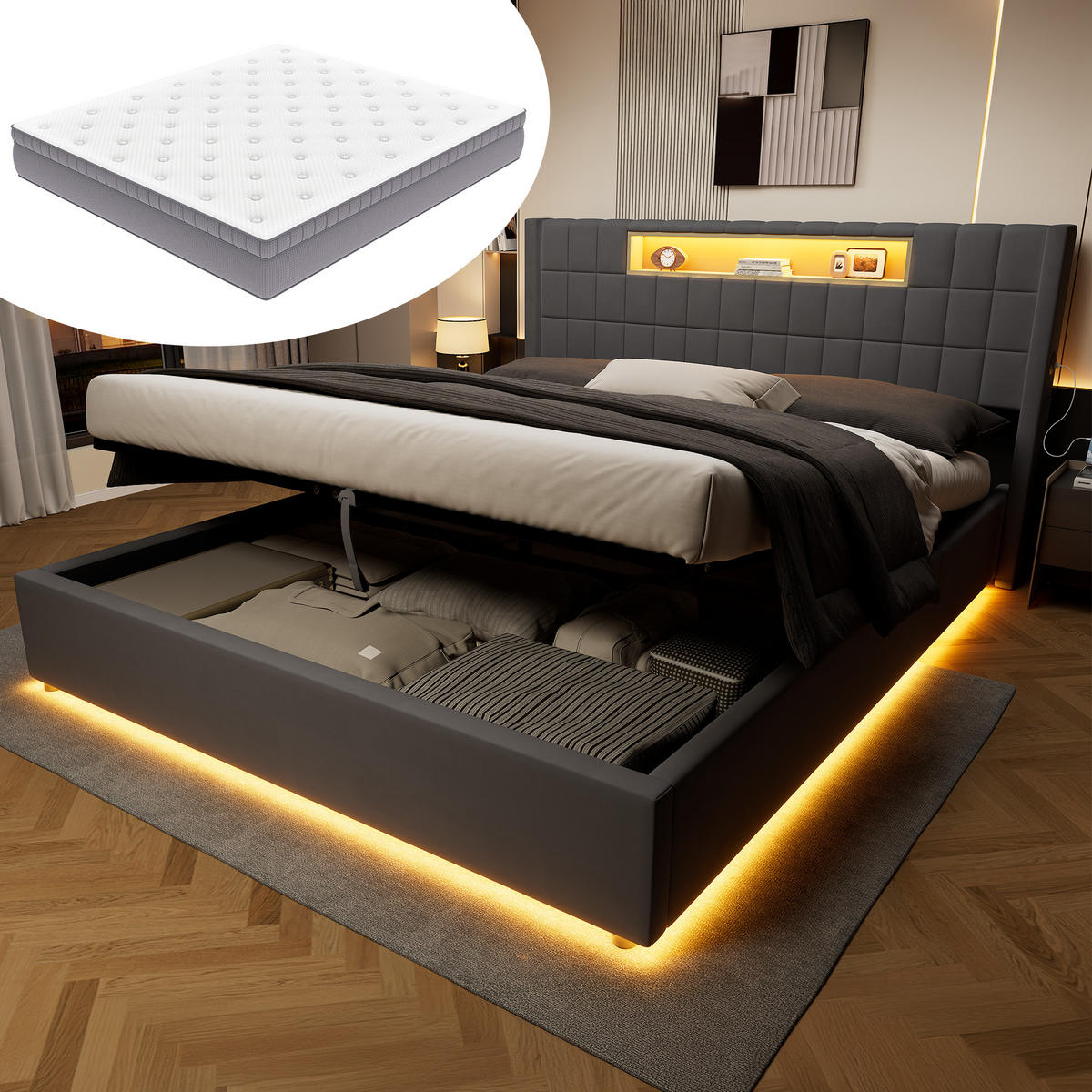 POLSTERBETT 180×200 mit Matratze, Hydraulische Bettkasten und LED Beleuchtung in Grau, Samtbezug - Grau, Holzwerkstoff/Textil (180/200cm) - STILVORA