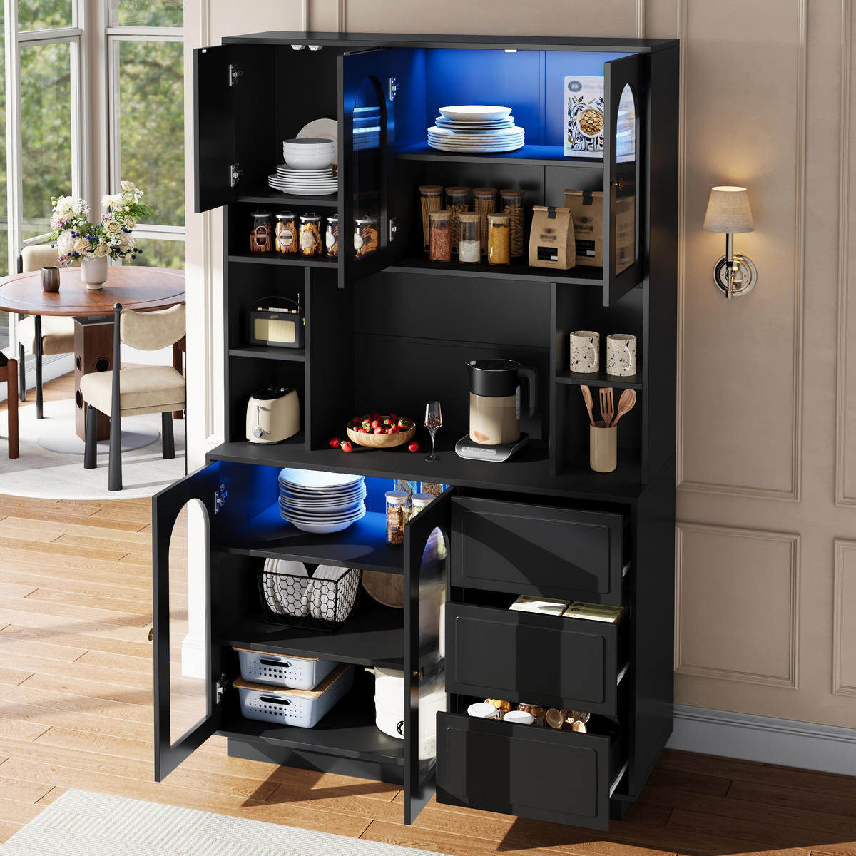 BUFFET Hochschrank mit Acrylfront, LED-Beleuchtung und offenen Fächern - Schwarz, Holzwerkstoff (30/175/106cm) - Korfee