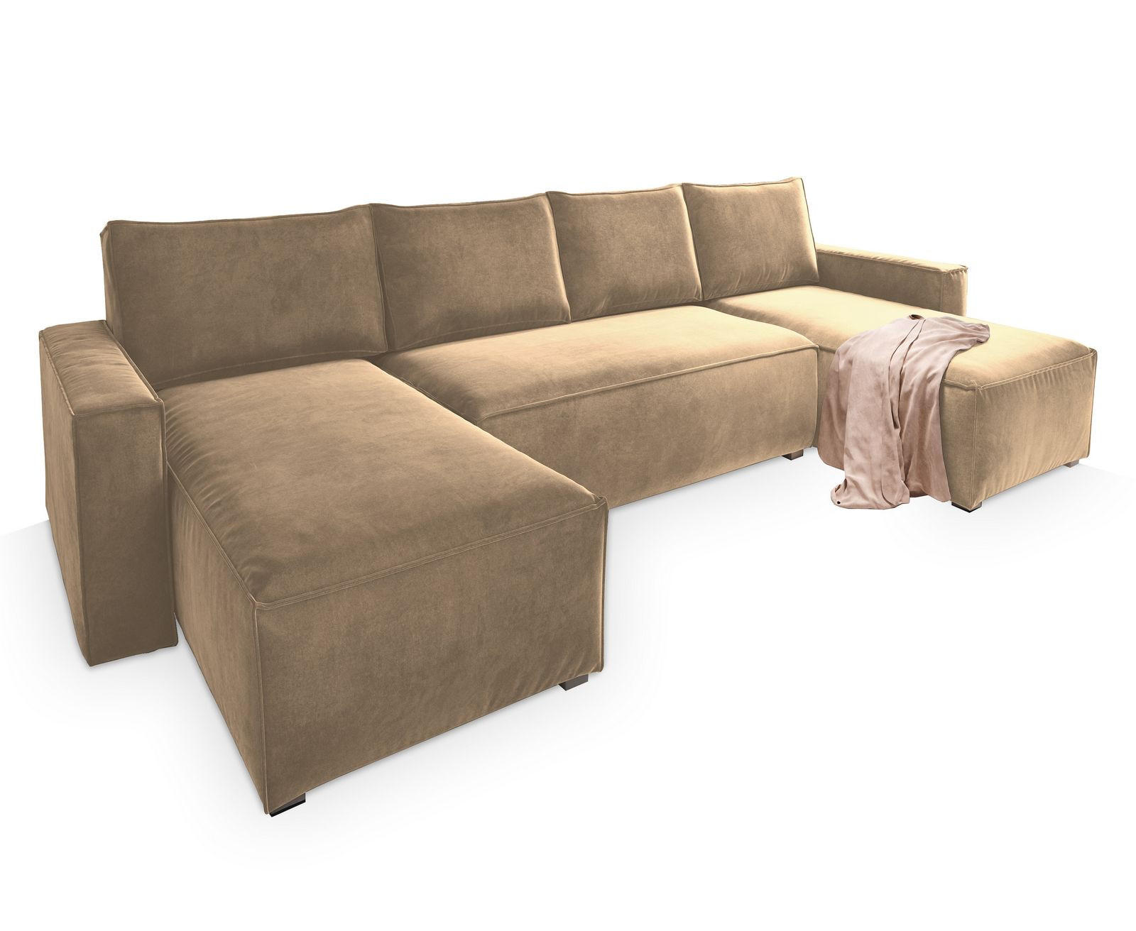 WOHNLANDSCHAFT DENI Creme Velours-Stoff mit Schlaffunktion - Creme, Holz (295/85/140cm) - MASSENO
