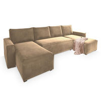 WOHNLANDSCHAFT DENI Creme Velours-Stoff mit Schlaffunktion - Creme, Holz (295/85/140cm) - MASSENO