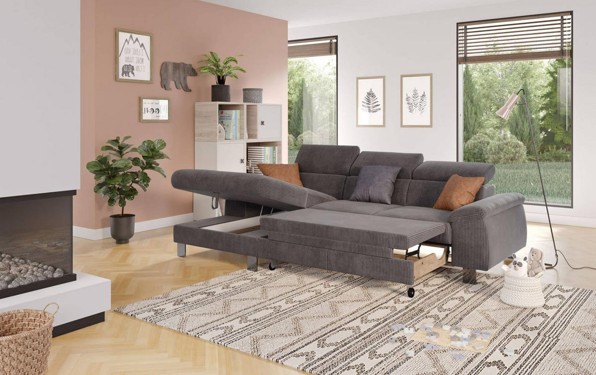 ECKSCHLAFSOFA mit Bettkasten – Cord-Stoff - Chromfarben/Anthrazit, Holz/Textil (244/166cm) - Cotta