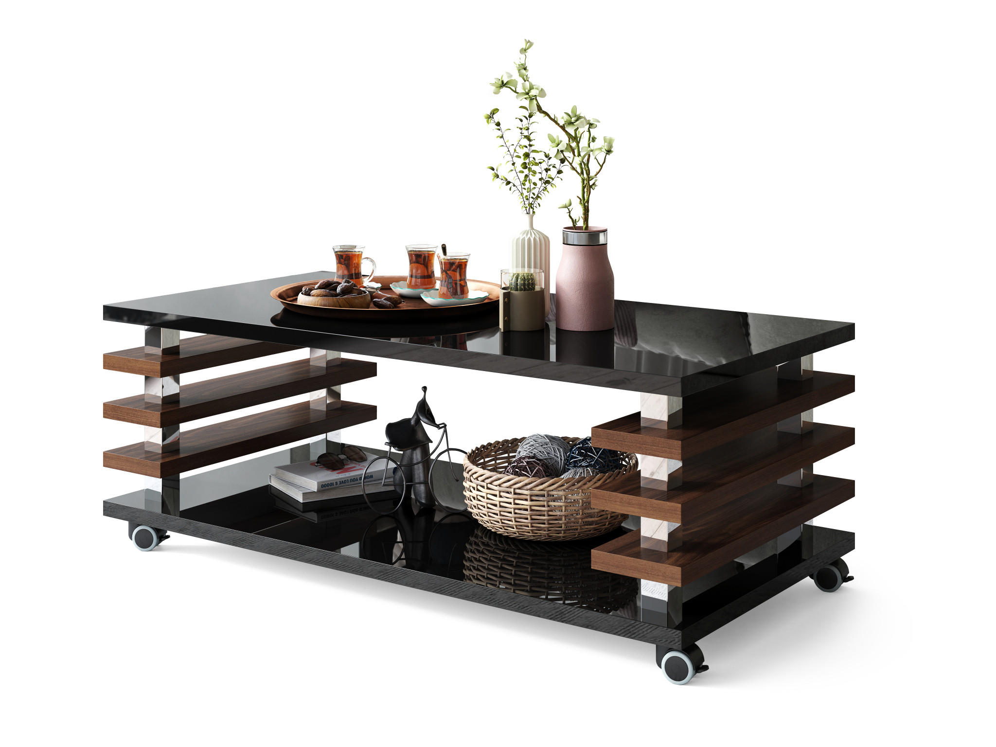 COUCHTISCH rechteckig Schwarz Hochglanz - Nussbaum Ablage Rollen - Schwarz Hochglanz/Nussbaumfarben, Holzwerkstoff (60/120/45cm) - designimpex