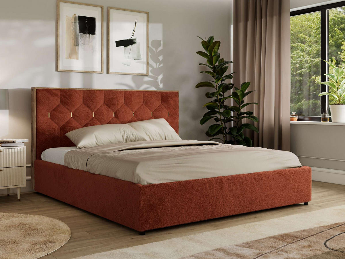 POLSTERBETT LARINO CLASSIC 160/200 - Orange Plüsch - Schaum-Matratze - Orange, Textil (160/200cm) - MKS