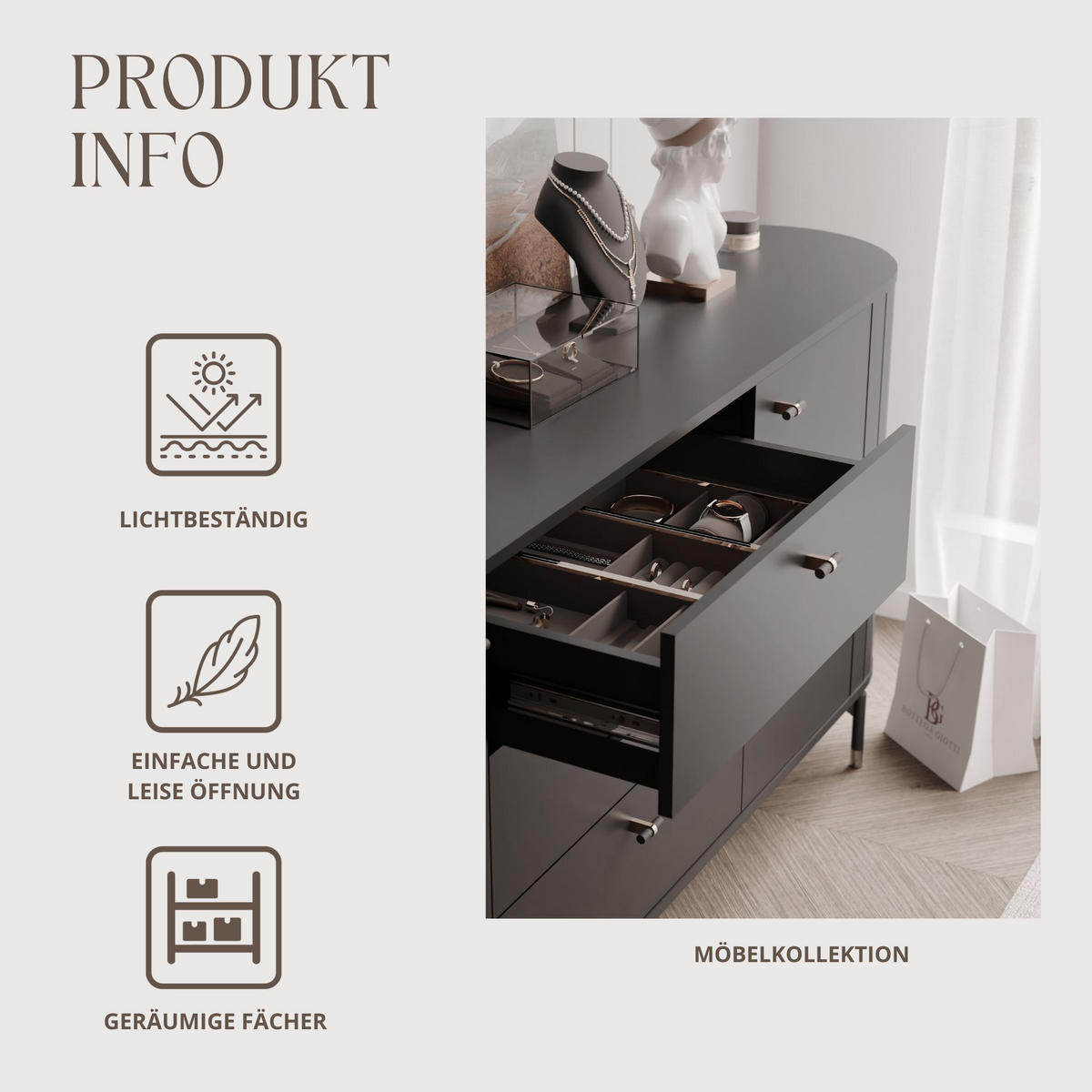 KOMMODE geriffelt, mit drei Schubladen, Schwarz - Schwarz, Holzwerkstoff (190/81/40cm) - Idohome