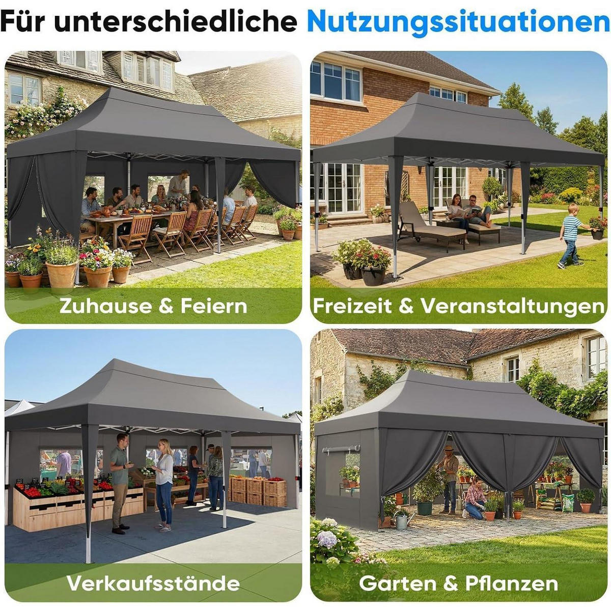 FALTPAVILLON 3x6m Grau wasserdicht mit Seitenwänden - Grau, Textil (585/310/293cm)
