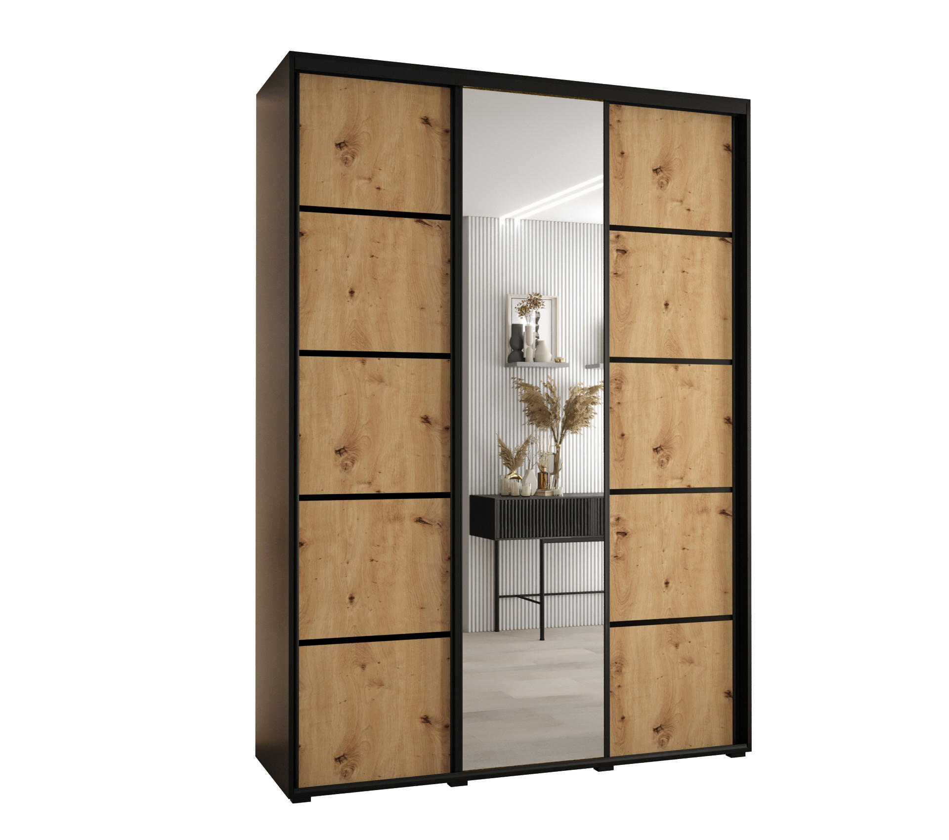 Abiks Möbel Schwebetürenschrank Schwarz, Eiche Artisan, Schwarz 180x235x45 cm