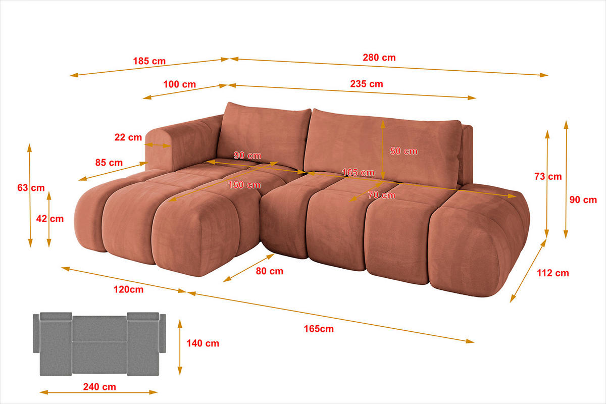 ECKSOFA Ottomane Links CLOUD-L 280x185x90 Apricot Velours - Koralle, Holzwerkstoff/Kunststoff (180/289cm) - ALTDECOR
