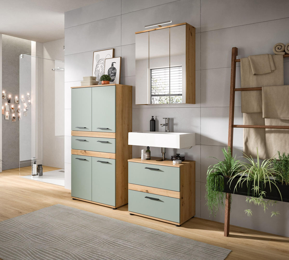 WASCHBECKENUNTERSCHRANK Flint (B/H/T: 60x57x34 cm) in Salbei und Artisan Eiche Nachbildung - Eiche Artisan, Holz (60/57/34cm) - Homes & Jones
