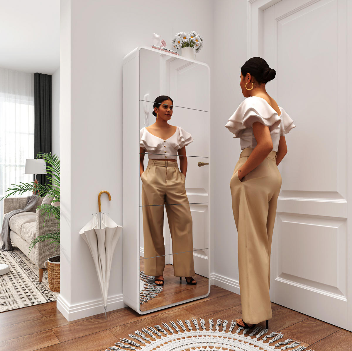 SCHUHSCHRANK 176 cm Weiß aus MDF mit Spiegel - Weiß, Holzwerkstoff (63/176/19.5cm) - OKMYHOME