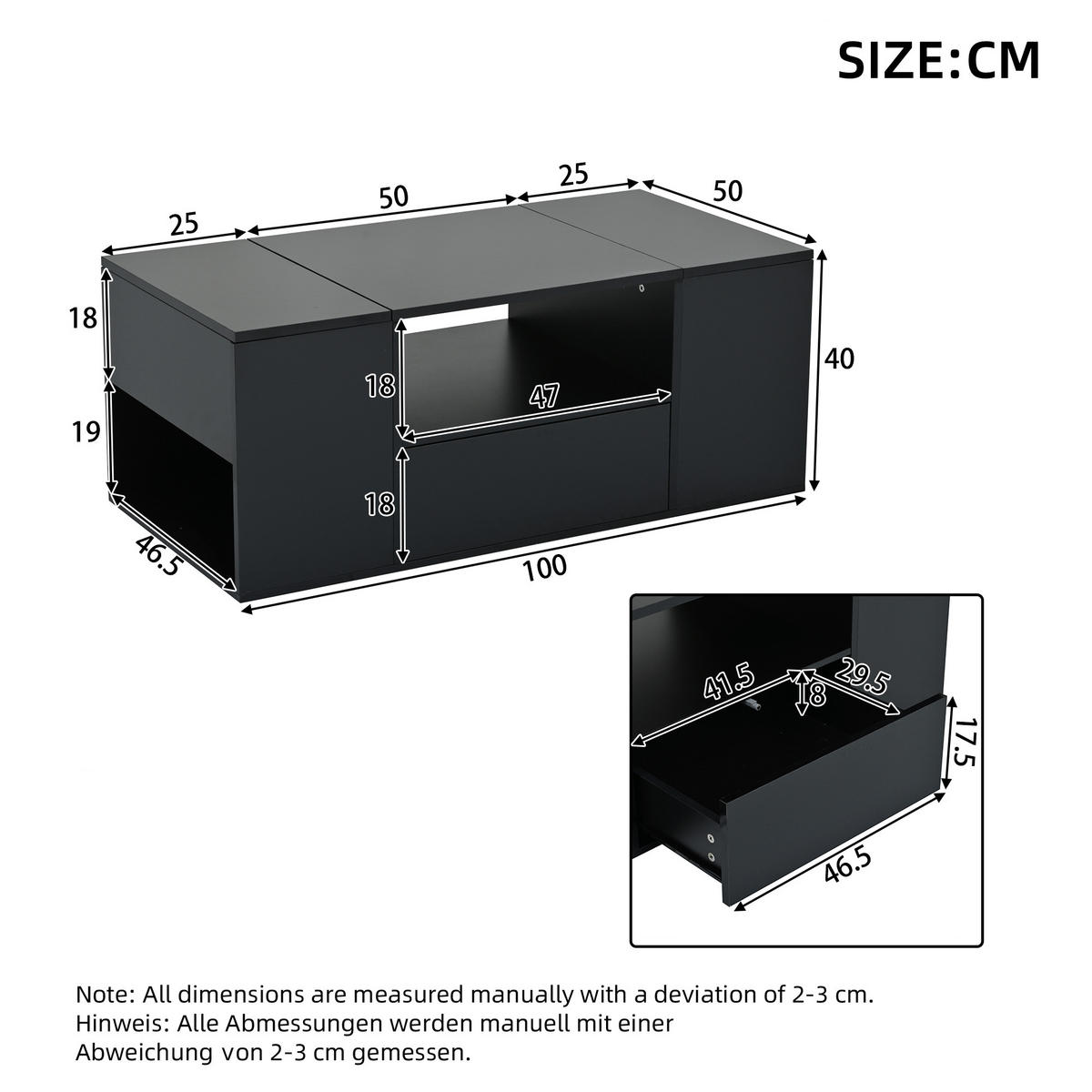 COUCHTISCH DE-151 Schwarz mit LED-Beleuchtung und Stauraum - Schwarz, Holzwerkstoff (50/100/40cm) - ComfortXL