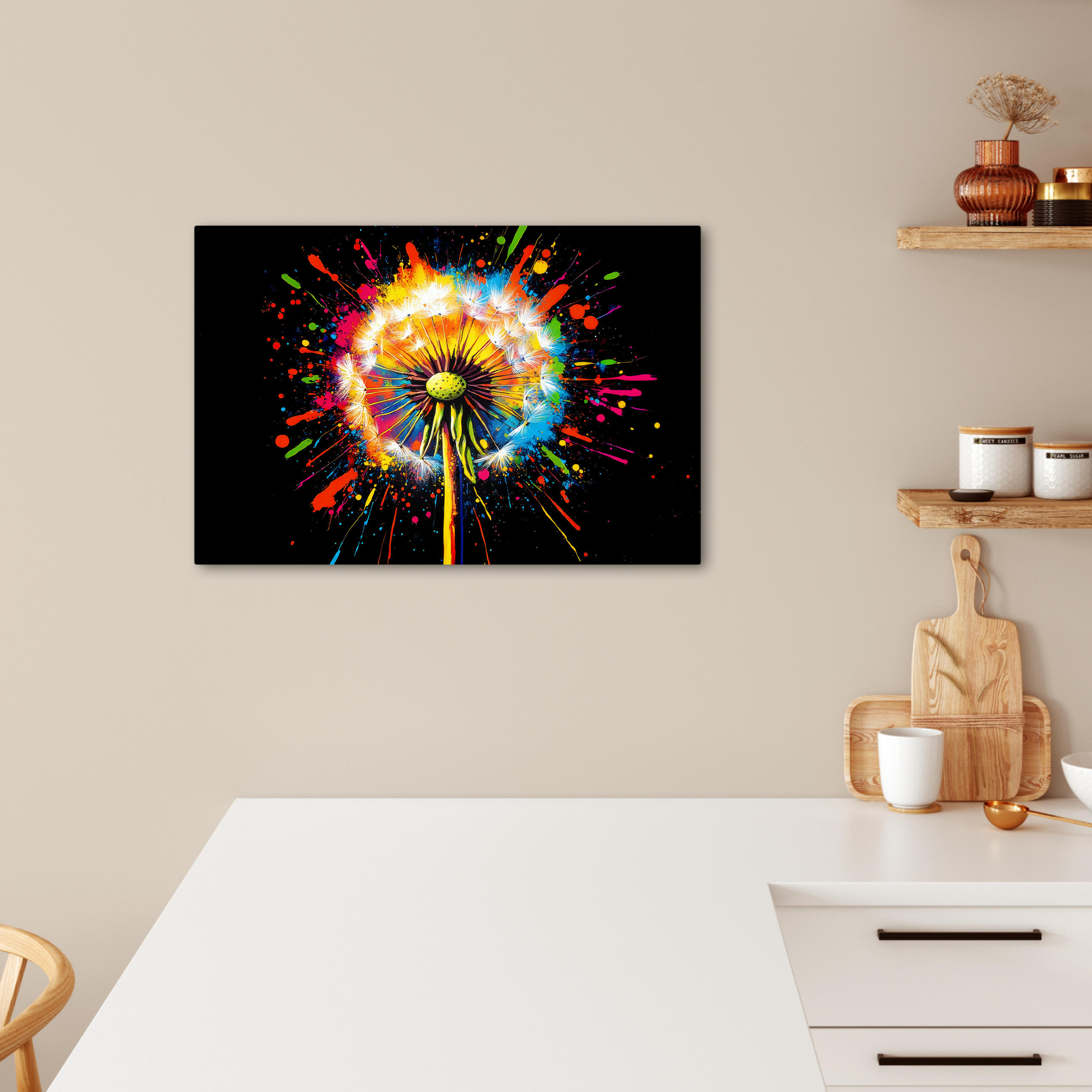 LEINWANDBILD Löwenzahn - Graffiti - Farbenfroh - Blumen - Natur Gemälde 60x40 cm - Multicolor, Textil (60/40cm) - MuchoWow