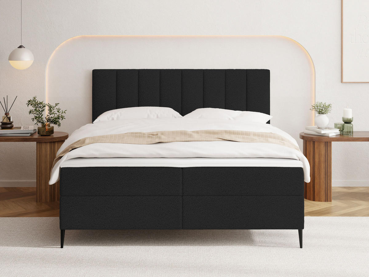 BOXBETT Allen mit Bettkasten, Boucle Schwarz 120x200 cm – inkl. H4 Taschenfederkern Matratze & Foam Topper - Schwarz, Holzwerkstoff/Metall (120/200cm) - WFL GROUP