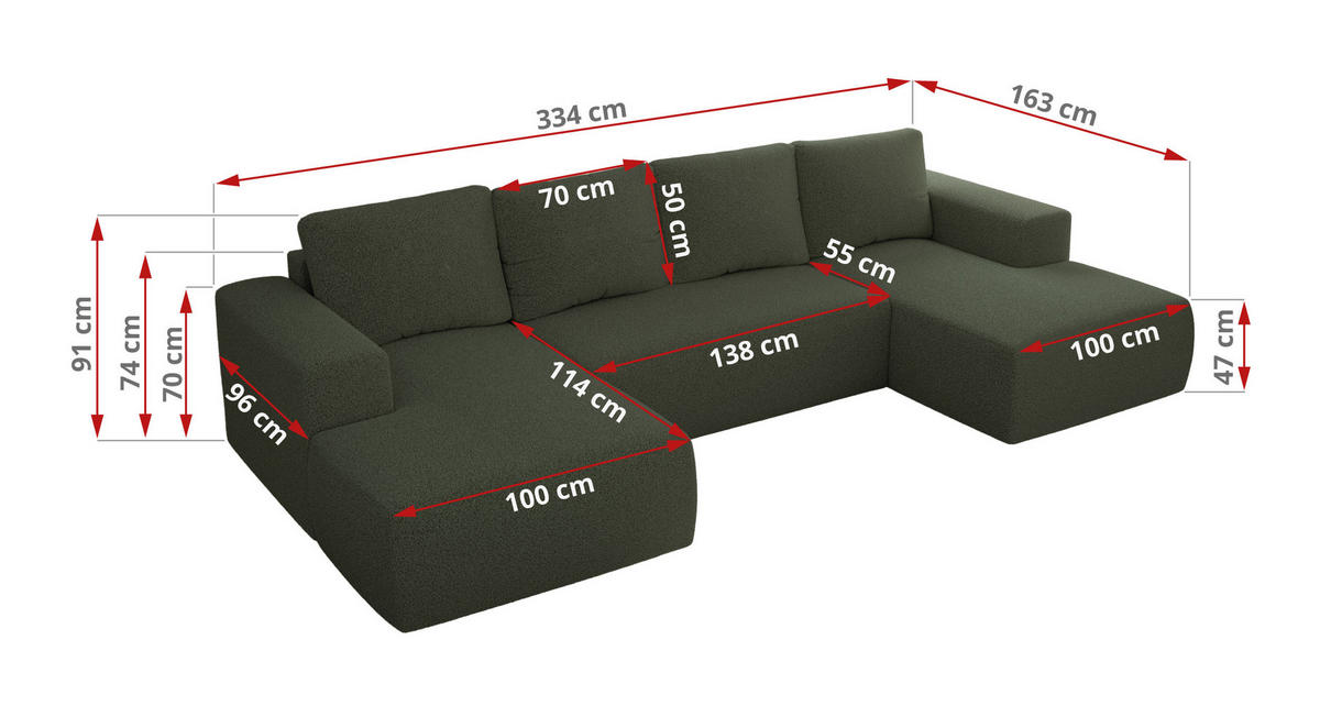 WOHNLANDSCHAFT TRENTINO U Grün Boucle - Grün, Textil (334/91/163cm) - MKS