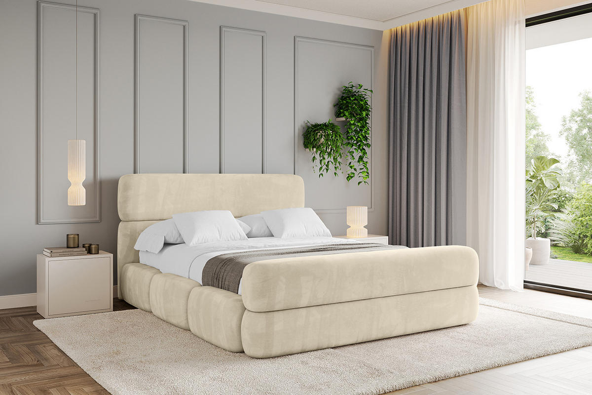 POLSTERBETT mit Bettkasten, Fußteil und Lattenrost, Bett mit Matratze H3/H4 - ELVA-Z 180x200 Beige - Ecru, Holzwerkstoff/Textil (180/200cm) - ALTDECOR