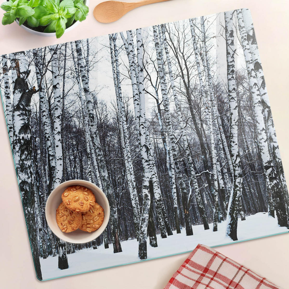 GLASPLATTE 60x52 cm Winterbirken - Weiß, Glas (60/0.4/52cm) - TULUP
