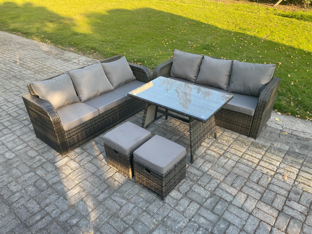 GARTENSET Hohe Rückenlehne Polyrattan 8-Sitzer - Dunkelgrau/Grau, Glas/Kunststoff - Fimous