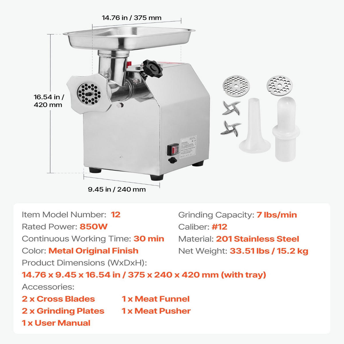FLEISCHWOLF GEWERBLICHER ELEKTRISCHER 850W Edelstahl Silber - Silberfarben, Metall (31.01/46.02/42.01cm) - Rolipo