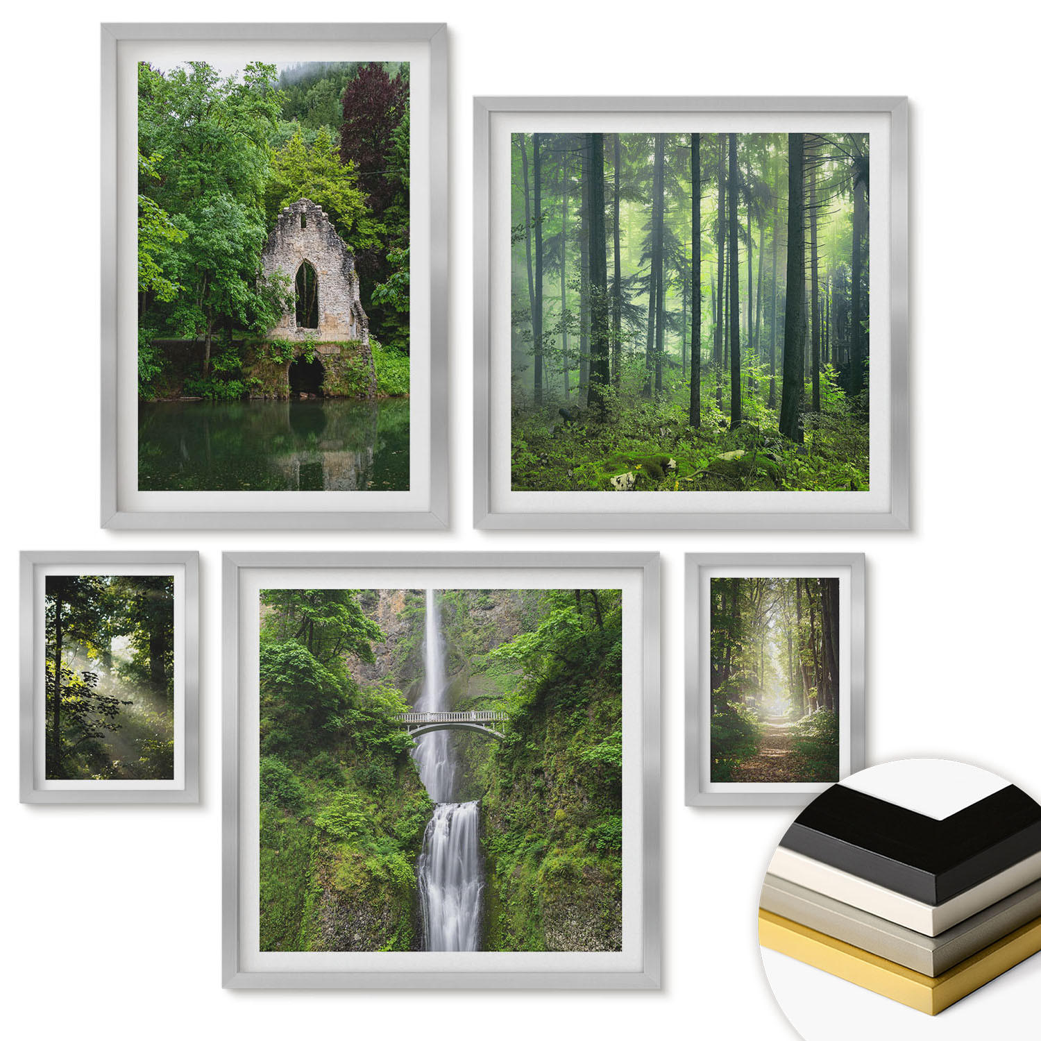 WANDBILDER 5er Set - 50x50 cm & 20x30 cm & 40x60 cm Silberner Rahmen - Grüne Wälder, Lichtstrahlen - Silberfarben, Kunststoff (40/60cm) - ArtPrintCave