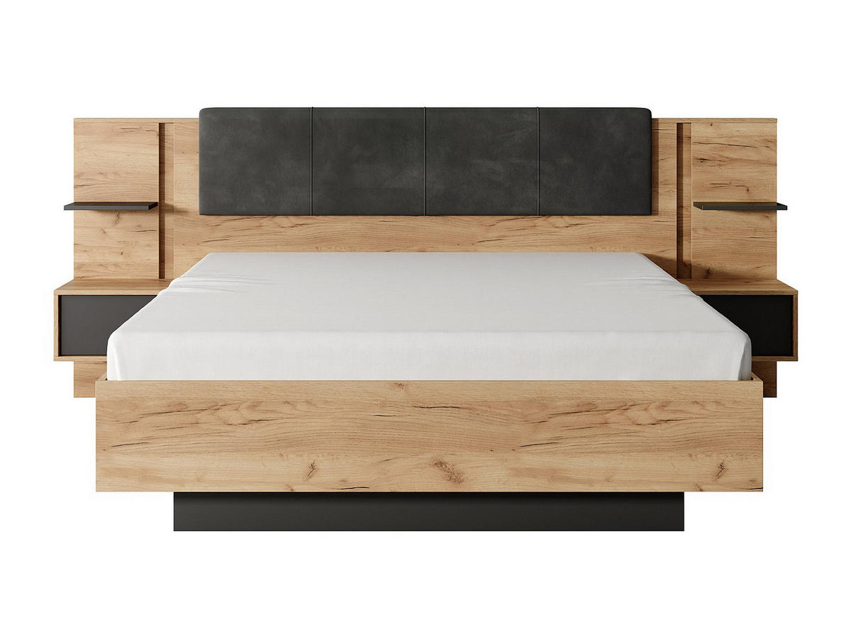 BETTRAHMEN - 2 Personen - stoff - anthrazitgrau, naturfarben hell Elynia - Anthrazit/Naturfarben, Holz/Holzwerkstoff (140/190cm) - Vente-Unique