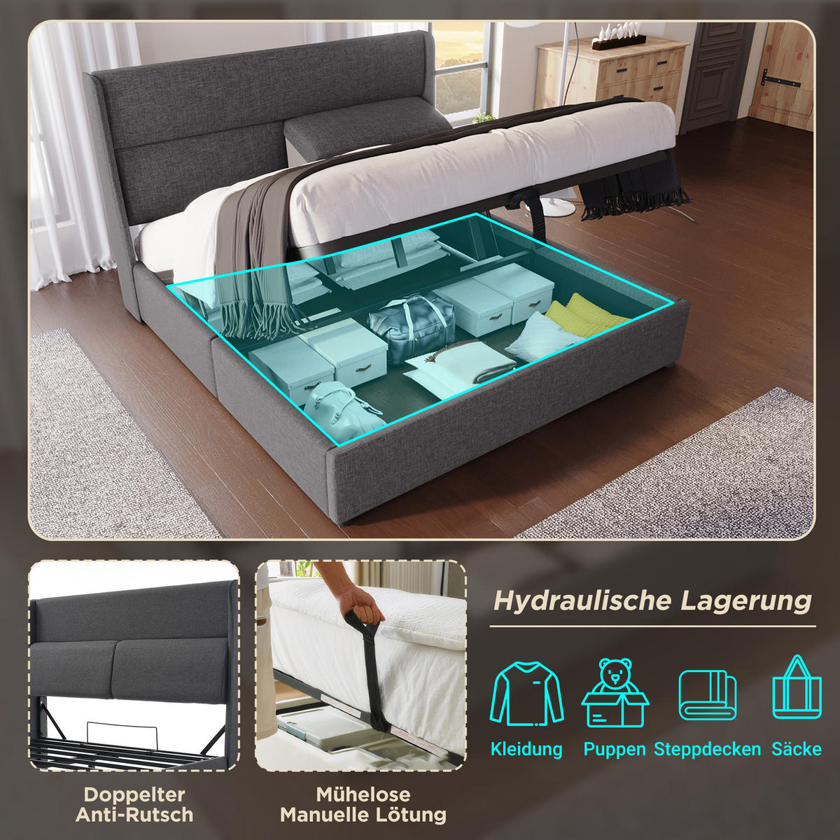 POLSTERBETT 180/200 cm Grau mit verstellbaren Kopfstützen und Stauraum - Grau, Textil (180/200cm) - OKWISH