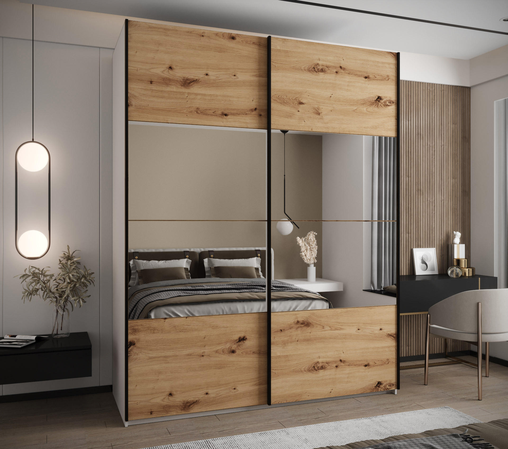 SCHWEBETÜRENSCHRANK 245,5/190/64 2-türig - Schwarz/Weiß, Holz/Metall (190/245/64cm) - Abiks Möbel