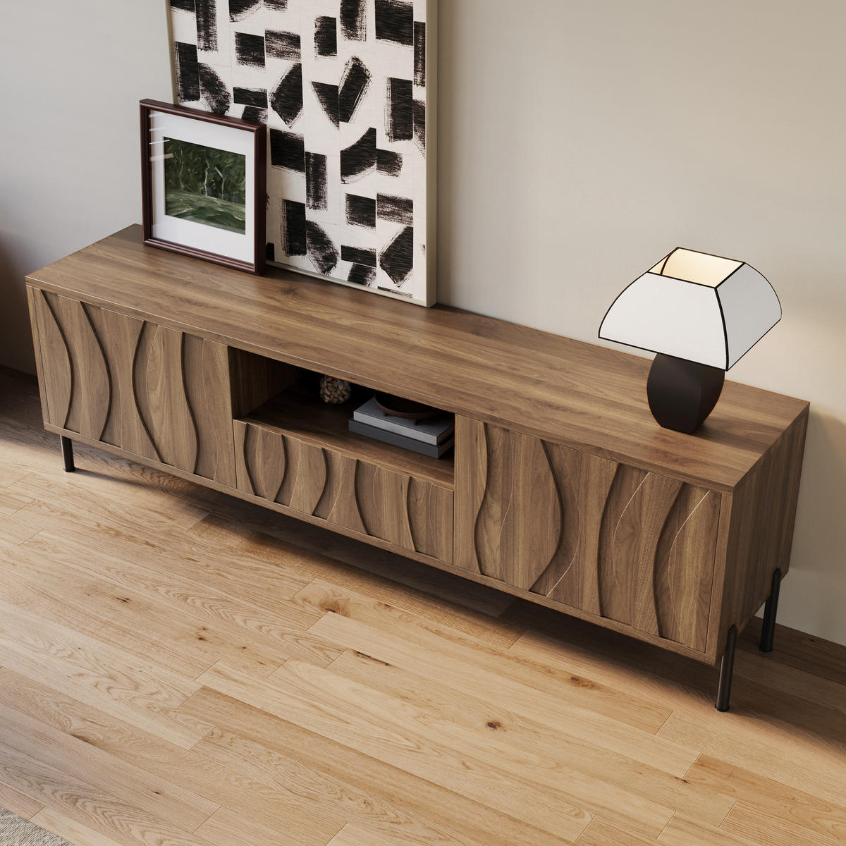 TV-SCHRANK aus MDF 160x35x46 cm Natur mit Kabeldurchführung und Stauraum, wellenförmiges Türdesign - Naturfarben, Holzwerkstoff (160/46/35cm) - Modfu