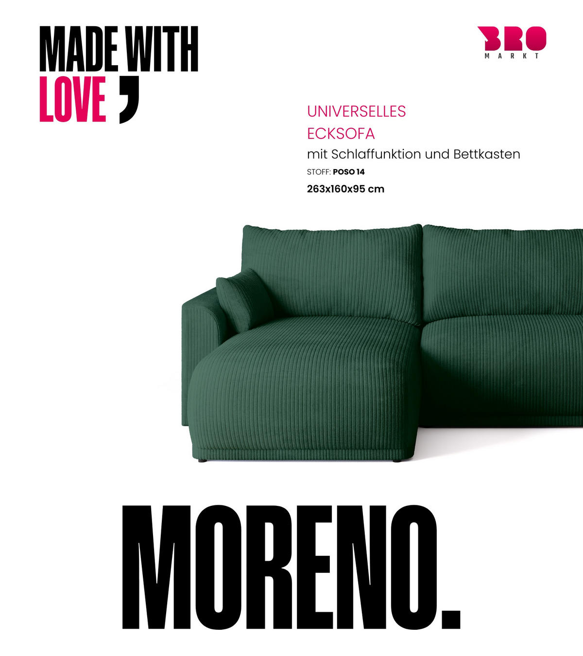 ECKSOFA MORENO mit Schlaffunktion Grün Cord - Dunkelgrün, Textil (262/160cm) - Bromarkt