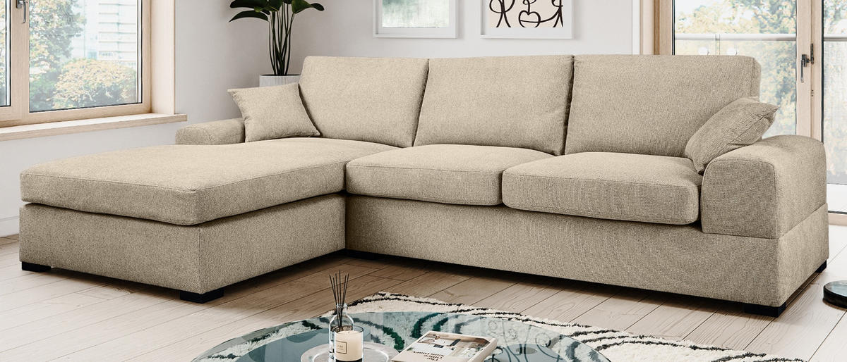 SOFA beige Strukturstoff 308 cm, Ecksofa 5-Sitzer, L-Sofa Ottomane links - Beige/Schwarz, Holz/Textil (308/186cm) - Inn.Furn
