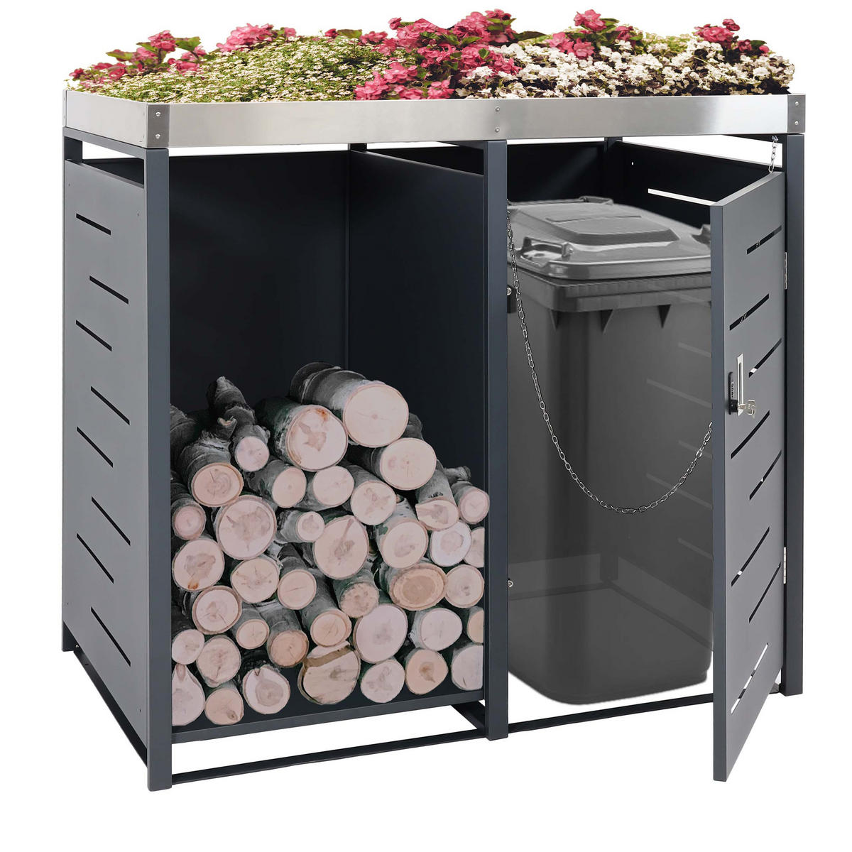1ER-MÜLLTONNENBOX MIT HOLZLAGER rechteckig Anthrazit - Anthrazit, Metall (130/125/80cm) - MCW