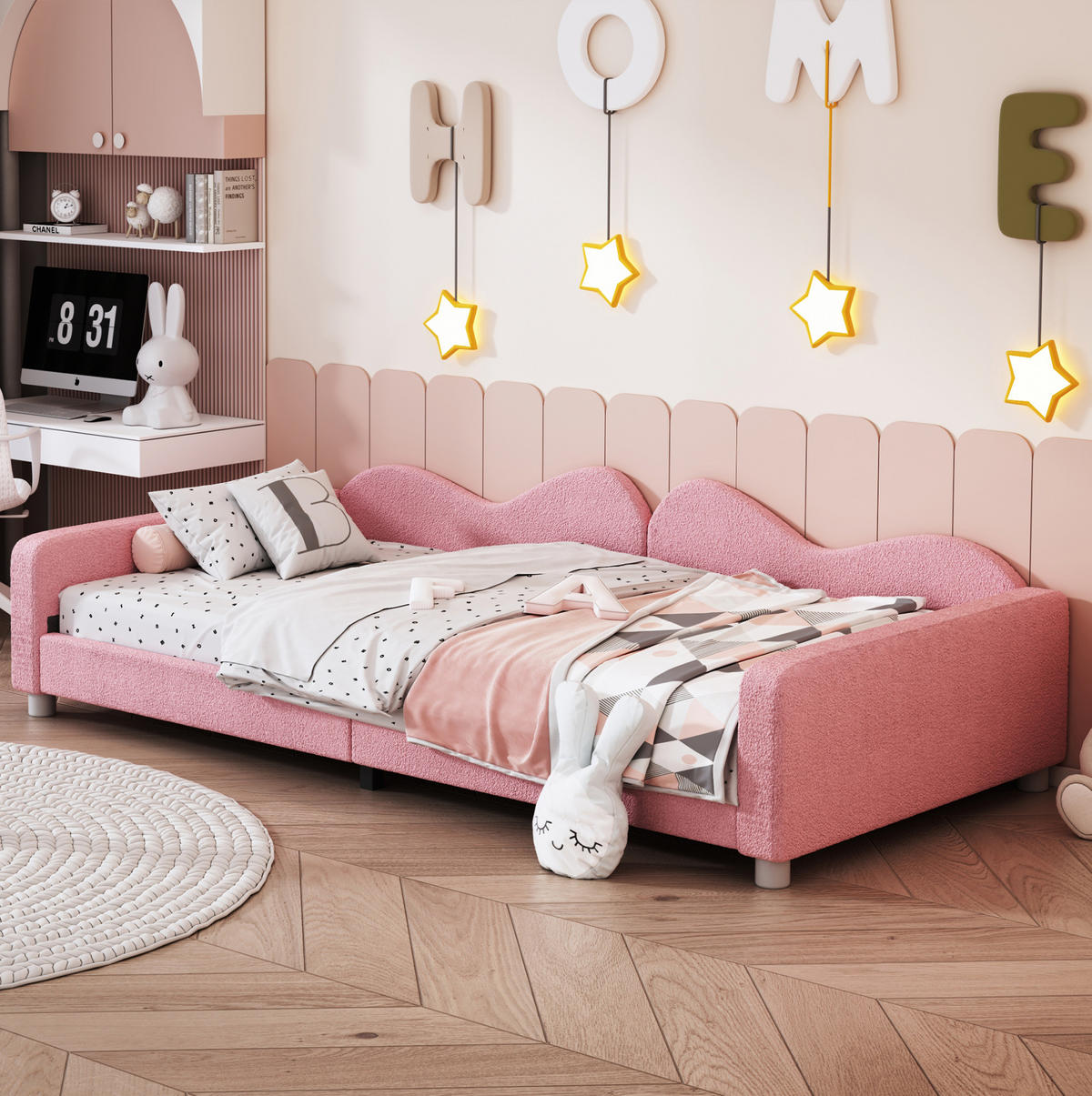 KINDEREINZELBETTEN aus Teddystoff 90x200 cm in Rosa mit Rückenlehne - Rosa, Textil (90/200cm) - Modfu