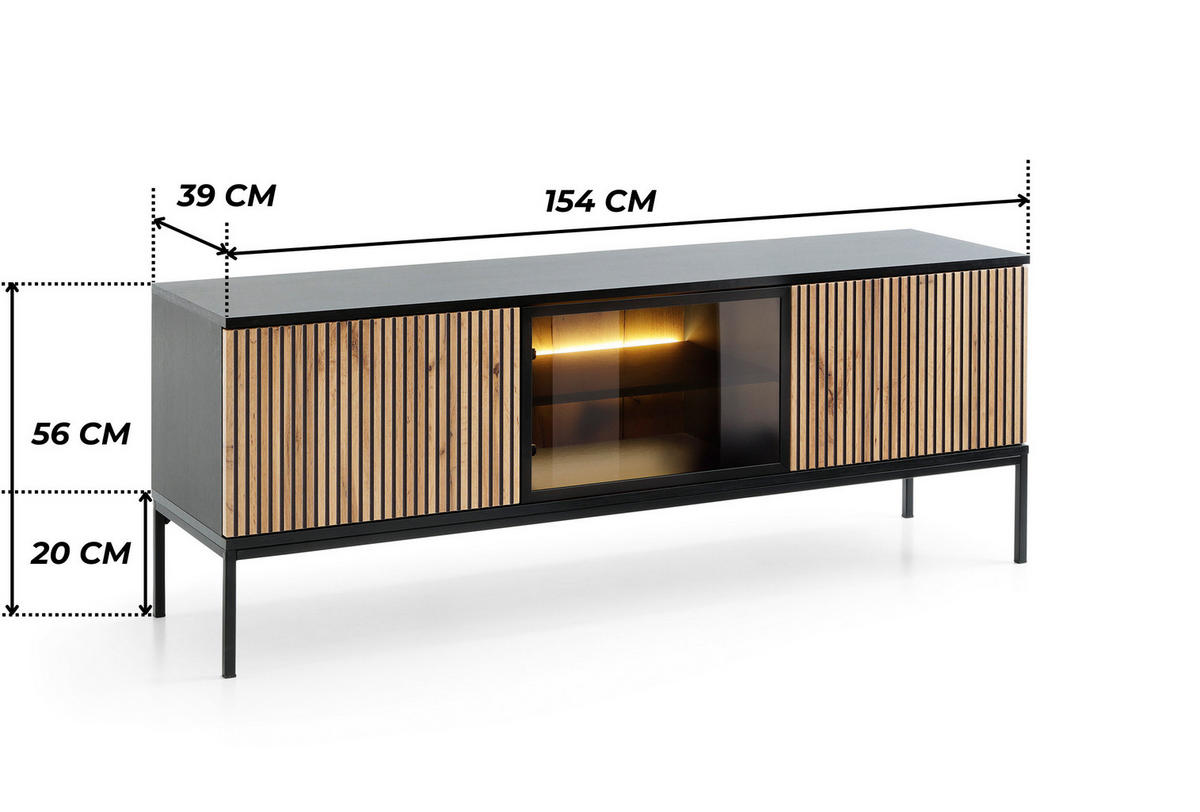 MODERNES Geriffeltes TV-Board LAGOS RTV3D (Schwarz, Eiche Wotan, LED, Metallfüße, Push to Open) - Eiche Wotan/Schwarz, Glas/Holz (154/56/39cm) - Ravio