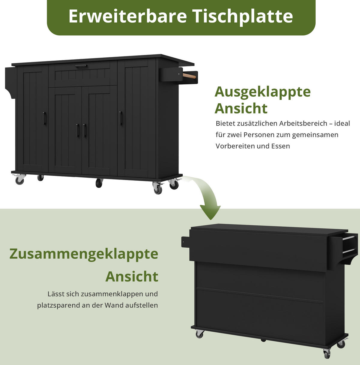 KUCHYŇSKÝ ostrůvek 120/45(70)/95 cm s klopnou pracovní deskou, 4 dvířky a kolečky, Černá - černá, kompozitní dřevo (120/95/70cm) - Redom