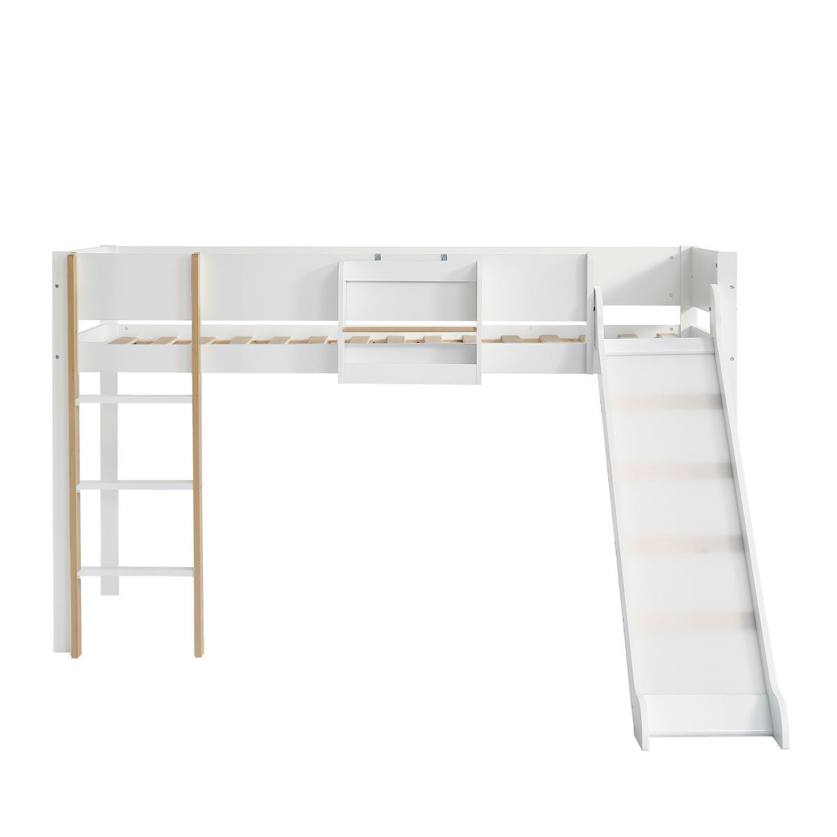 HOCHBETT 90/200 cm Weiß+Natur mit Rutsche und abnehmbarem Regal aus Kiefer+MDF - Weiß, Holzwerkstoff (90/200cm) - OKWISH