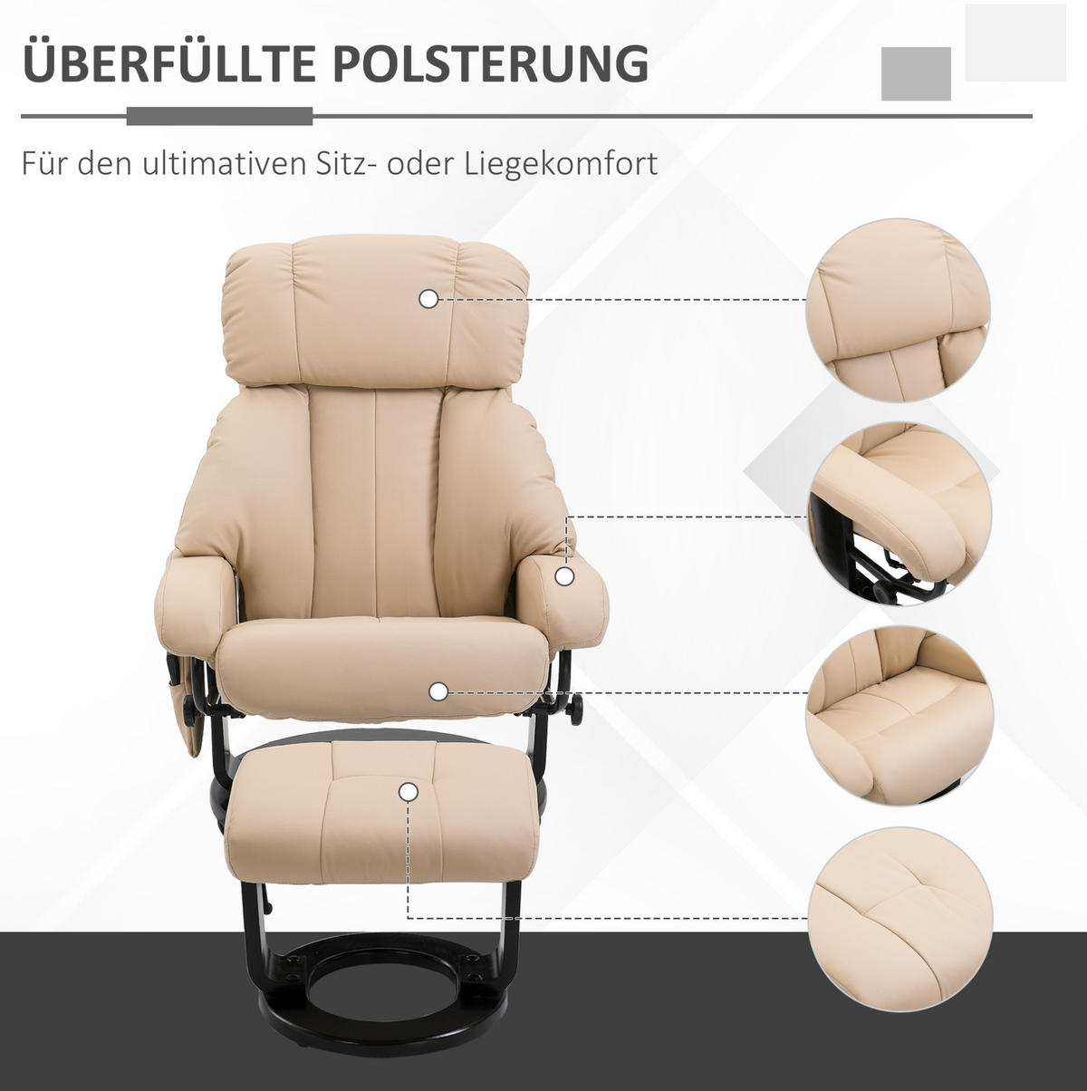 MASSAGESESSEL in Cremeweiß 80x76x102 cm mit Hocker und verstellbarer Rückenlehne - Creme, Kunststoff (76/102/80cm) - IVMEU
